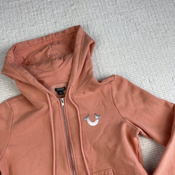 True religion Womens Sz XS Foil Silver Logo Buddha Full Zip Hoodie Pink - Picture 3 of 16